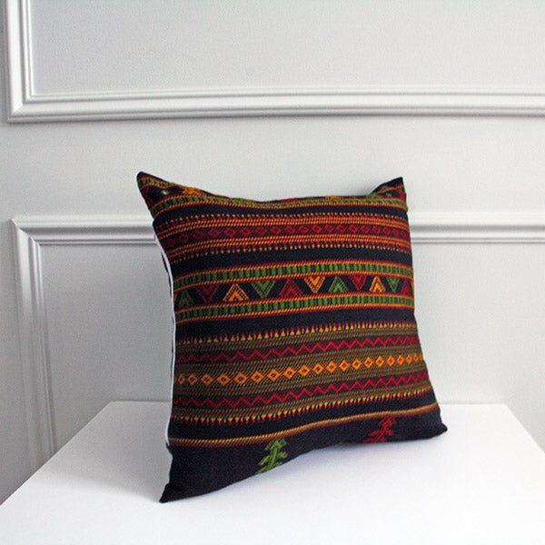 Rabari Traditional Multicoloured Embroidery on Black Cotton and Wool base, a Geometric Pattern weave and zip to close, a Sustainable Tapestry Ethnic Cushion Cover, Size 40cm/16inch, square, Bohemian Scatter Throw Pillow