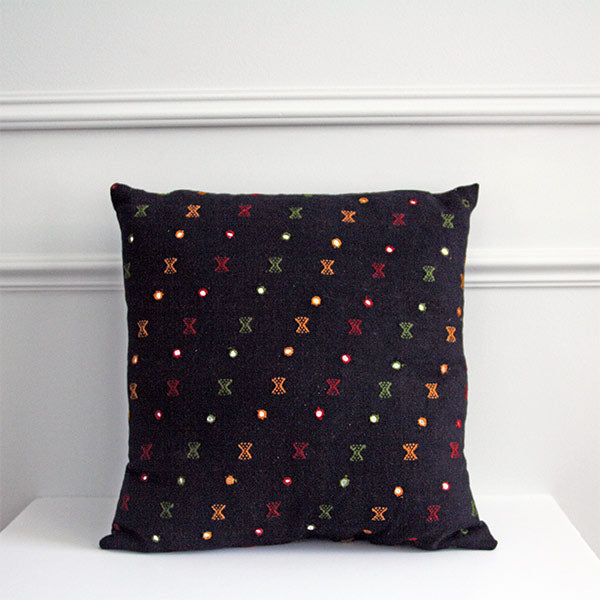 Rabri multicoloured geometric pattern weave with small mirrors ensuring symmetry and balance the composition on a Black cotton and wool fabric base, a Sustainable Tapestry Ethnic Cushion Cover, Size 40cm/16inch, square, Bohemian Scatter Throw Pillow