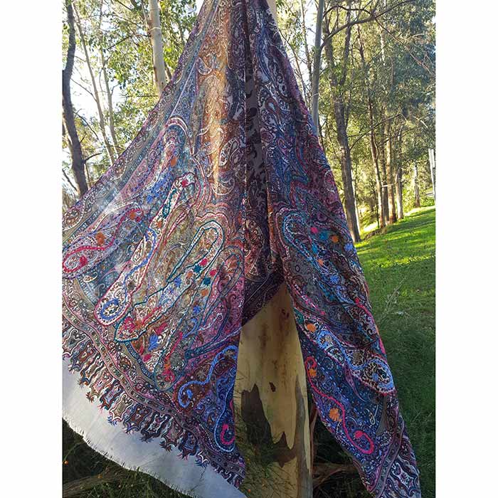 Bohemian Peacock Paisley Ethnic Scarf, an ornamental textile Indian design using buta with hand embroidery, women scarf or stole, size 74 x 28 inch