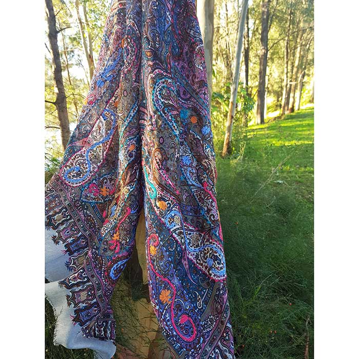 Bohemian Blue Peacock Paisley Ethnic Scarf, an ornamental textile Indian design using buta with hand embroidery, women scarf or stole, size 74 x 28 inch