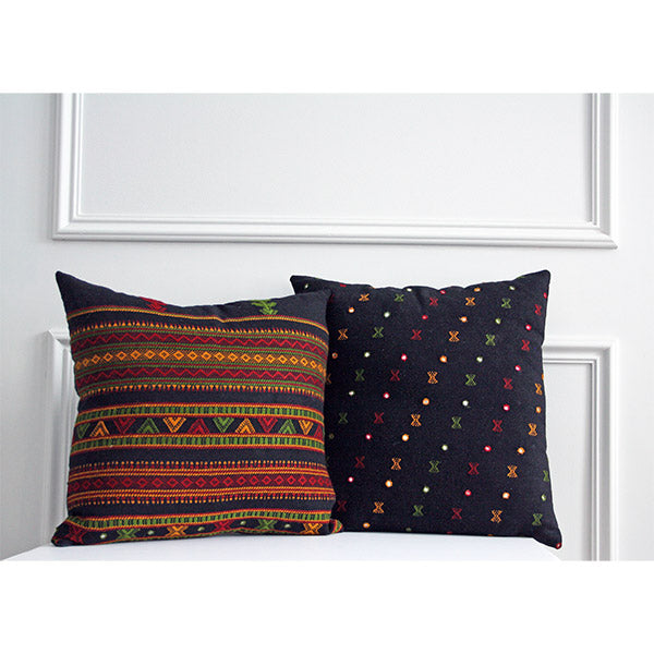 Set of 2 Rabari Contemporary Embroidery Geometric Pattern with Mirror, a Sustainable Tapestry Ethnic Cushion Cover Black cotton and wool base with multicoloured tribe embroidery, Size 40cm/16inch, square, Bohemian Scatter Throw Pillow