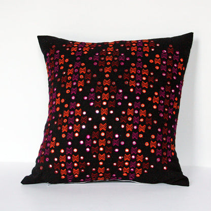 Rabri multicoloured geometric pattern weave with small mirrors ensuring symmetry and balance the composition on a Black cotton and wool fabric base, a Sustainable Tapestry Ethnic Cushion Cover, Size 40cm/16inch, square, Bohemian Scatter Throw Pillow