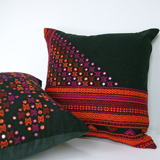 Set of 2 Rabari Contemporary Embroidery Geometric Pattern with Mirror, a Sustainable Tapestry Ethnic Cushion Cover Black cotton and wool base with multicoloured tribe embroidery, Size 40cm/16inch, square, Bohemian Scatter Throw Pillow