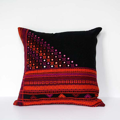 Rabari Traditional Multicoloured Embroidery on Black Cotton and Wool base, a Geometric Pattern weave and zip to close, a Sustainable Tapestry Ethnic Cushion Cover, Size 40cm/16inch, square, Bohemian Scatter Throw Pillow