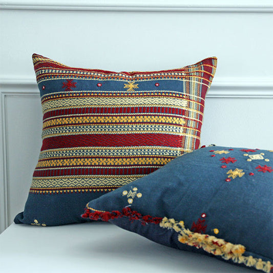 Set of 2 Ethnic cushion covers, a Rabari Traditional Embroidery on Dark blue Cotton and Wool base, a Geometric Pattern with Mirror, a Sustainable Tapestry Ethnic Cushion Cover, Size 40cm/16inch, square, Bohemian Scatter Throw Pillow