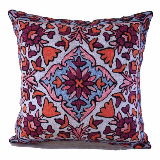 Tulip Botanical Floral Tapestry Design Cushion Cover in Traditional Crewel Embroidery hand crafted with bright colours, a throw pillow for Victorian Whimsical Decor