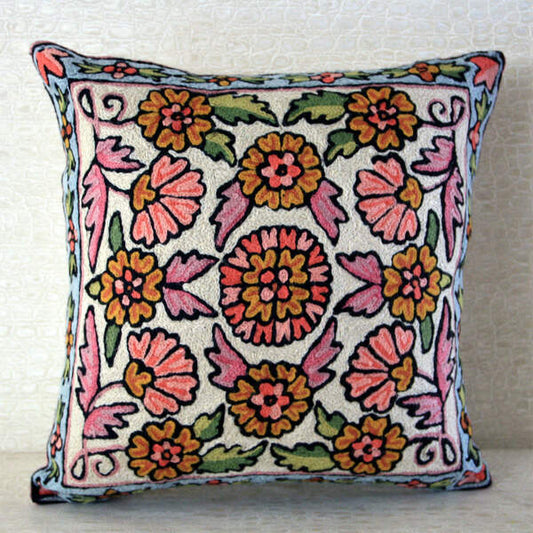 Kashmir Botanical Garden Floral Tapestry cushion hand crafted with bright colours, perfect for spring décor living