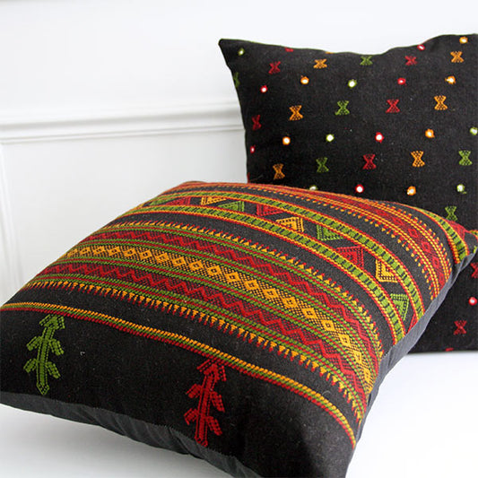 Set of 2 Rabari Contemporary Embroidery Geometric Pattern with Mirror, a Sustainable Tapestry Ethnic Cushion Cover Black cotton and wool base with multicoloured tribe embroidery, Size 40cm/16inch, square, Bohemian Scatter Throw Pillow