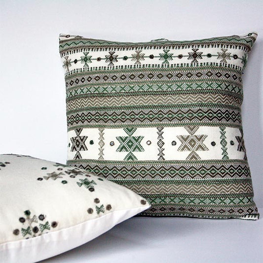 Set of 2 Rabari Traditional Embroidery Geometric Pattern with Mirror, a Sustainable Tapestry Ethnic Cushion Cover White and Green Colour, Size 40cm/16inch, square, Bohemian Scatter Throw Pillow